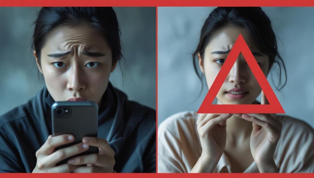 A split-screen image showing a shocked person looking at their phone on the left and a confident person with a dating red flags icon on the right.