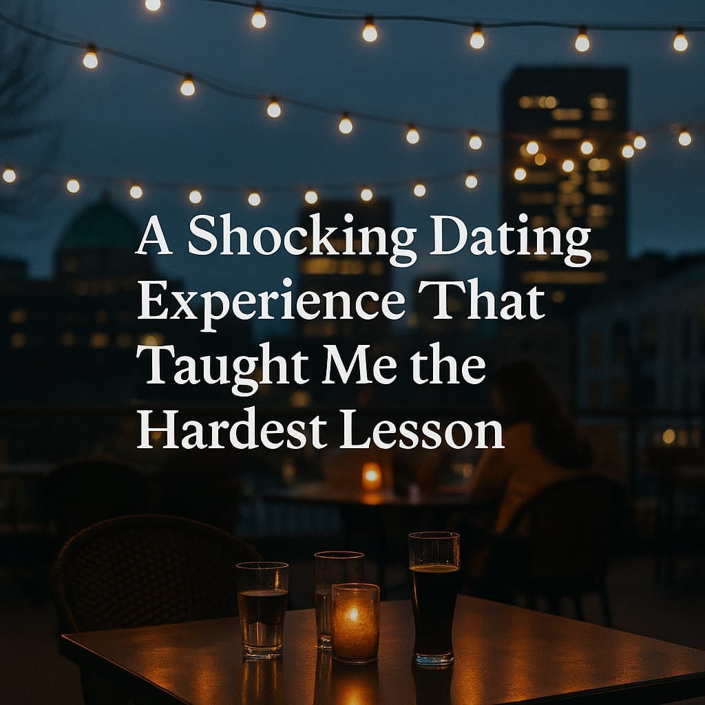 A photograph of a dimly lit rooftop restaurant at night with a table, glasses, and glowing string lights. The text overlay reads "A Shocking Dating Experience That Taught Me the Hardest Lesson," hinting at a story about dating red flags.
