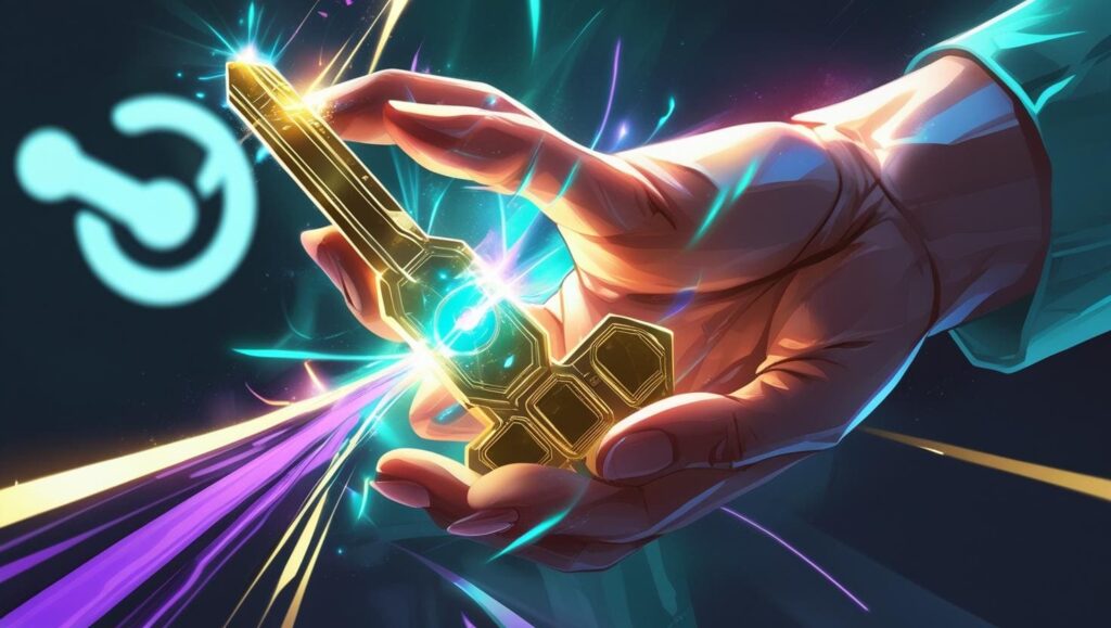 A digital art illustration of a hand holding a glowing, Free Game Codes for Steam 2025 key with a blurred Steam logo in the background.