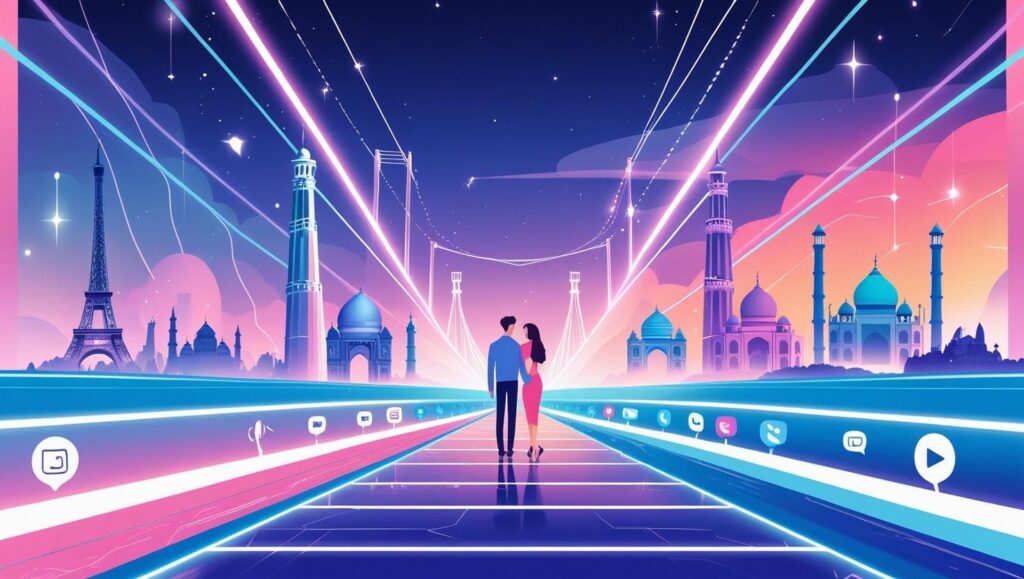 a digital bridge connecting two people in a long-distance relationship illustration