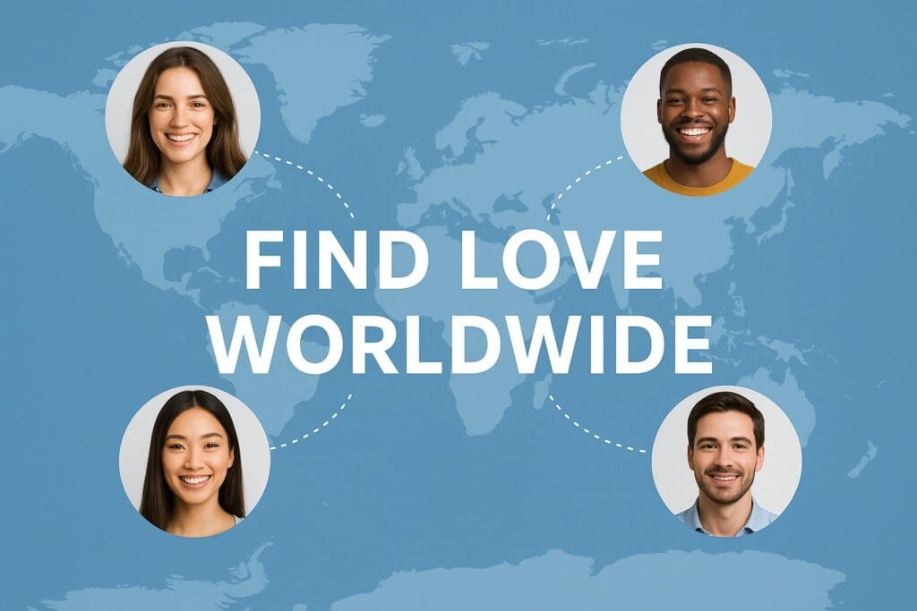 Best International Dating Sites , Four diverse smiling people connected by dotted lines over a blue world map background with the bold text "Find Love Worldwide," representing global online dating and international matchmaking in 2025.