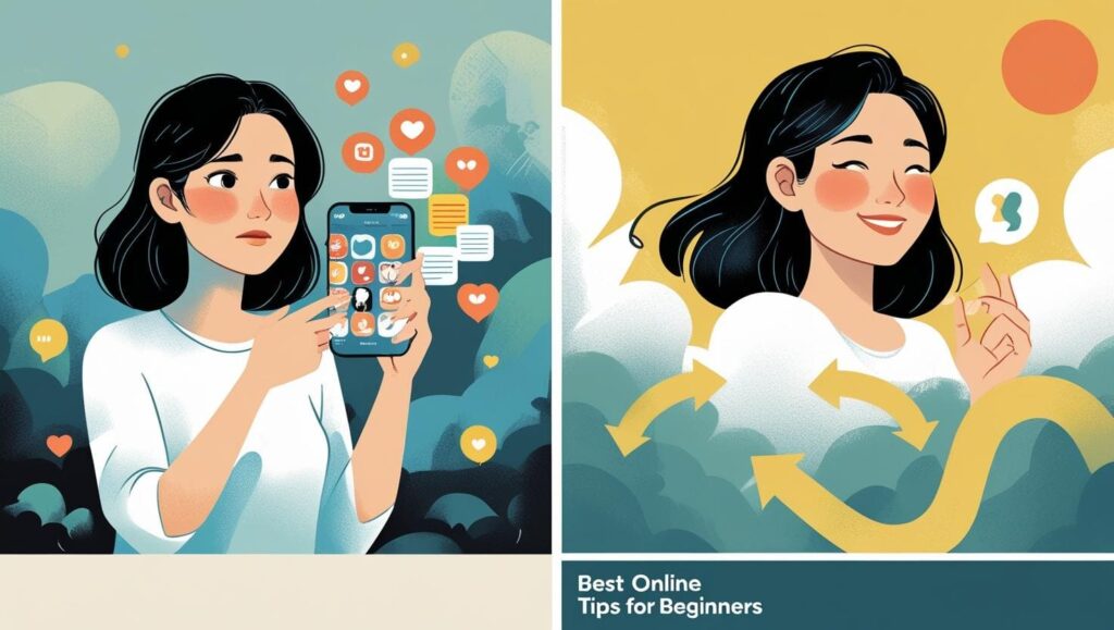 A split-screen image showing a person looking confused on a dating app on the left, and smiling confidently on the right. An arrow connects the two sides, illustrating a journey guided by the Best Online Dating Tips for Beginners.