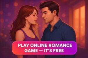 Best romance games for adults online – A couple in a romantic moment from an interactive story game, promoting free online romance game play.