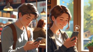 A split-screen image for Dating Advice for Introverts showing a person feeling overwhelmed on the left, and confidently smiling while using a dating app on the right.