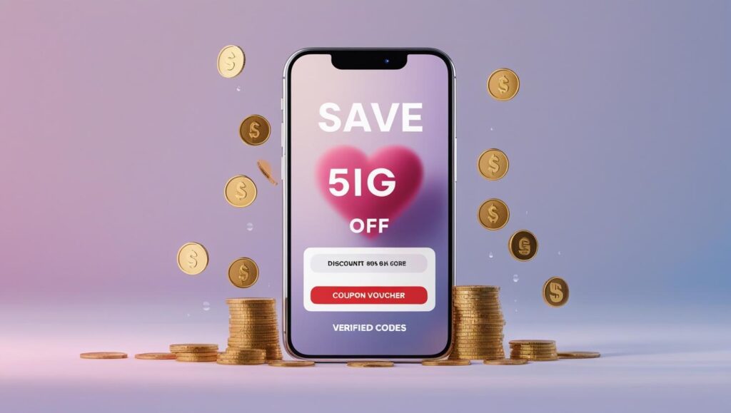 Image of a phone showing a dating app with falling money, representing verified discount codes for online dating subscriptions.