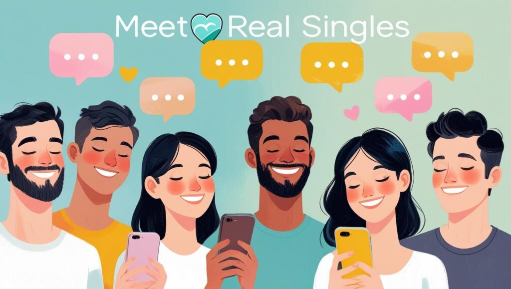 A close-up of a smiling person using a smartphone, with chat bubbles floating from the screen. A crossed-out credit card icon in the background symbolizes that you can find a real connection using Free Dating Apps Without a Credit Card.