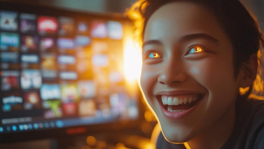 A close-up of a person's face, smiling in excitement as a glowing light from a computer screen illuminates them, with a glimpse of a Steam game library reflected in their eyes.