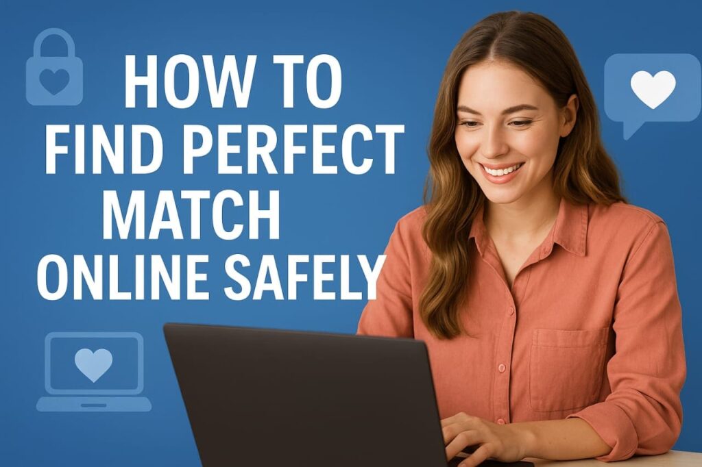 find perfect match online safely illustration with man and woman chatting on laptop, heart icons, and security shield symbol for safe online dating