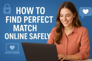 find perfect match online safely illustration with man and woman chatting on laptop, heart icons, and security shield symbol for safe online dating