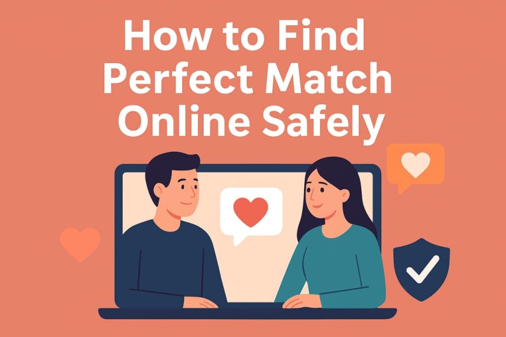 find perfect match online safely illustration with man and woman chatting on laptop, heart icons, and security shield symbol for safe online dating