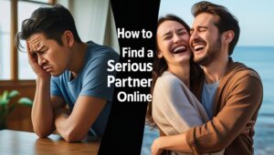 A split-screen image showing a frustrated person on the left and a happy couple on the right, with the title "How to Find a Serious Partner Online" overlaid. The image visually represents the transition from unsuccessful to successful dating.