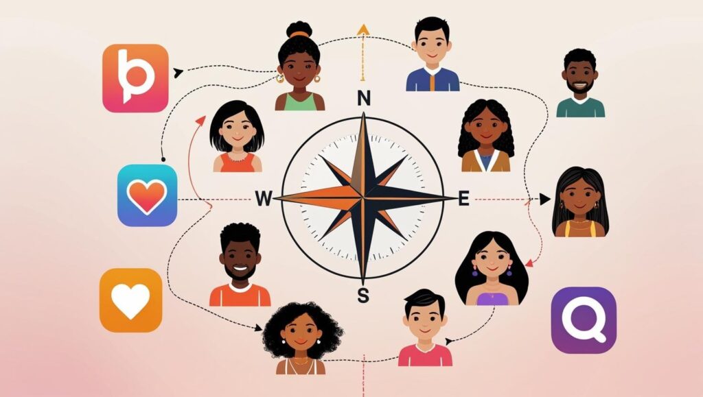 a digital compass pointing to different international dating app icons to help choose the right one for a long-distance relationship