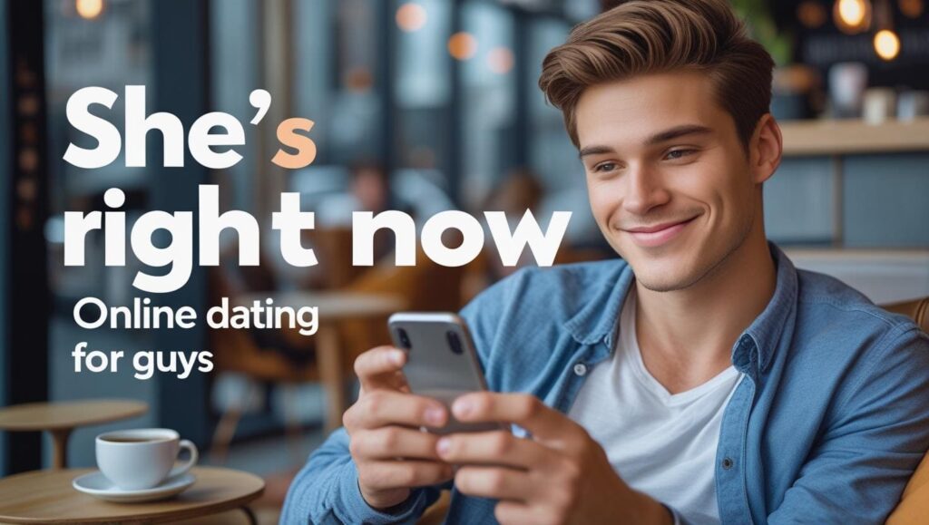A young man smiling confidently while looking at his smartphone, with the text "online dating tips for guys" overlaid.