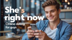 A young man smiling confidently while looking at his smartphone, with the text "online dating tips for guys" overlaid.