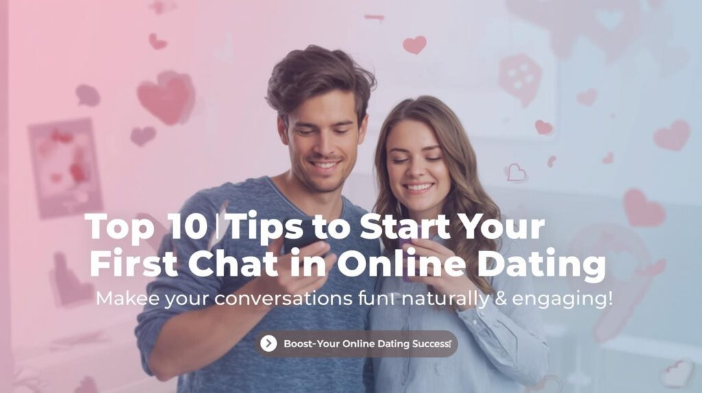 Illustration of a smiling couple chatting on their phones with chat bubbles and hearts, featuring overlay text “Top 10 Tips to Start Your First Chat in Online Dating” – a guide to fun, natural and engaging conversations.