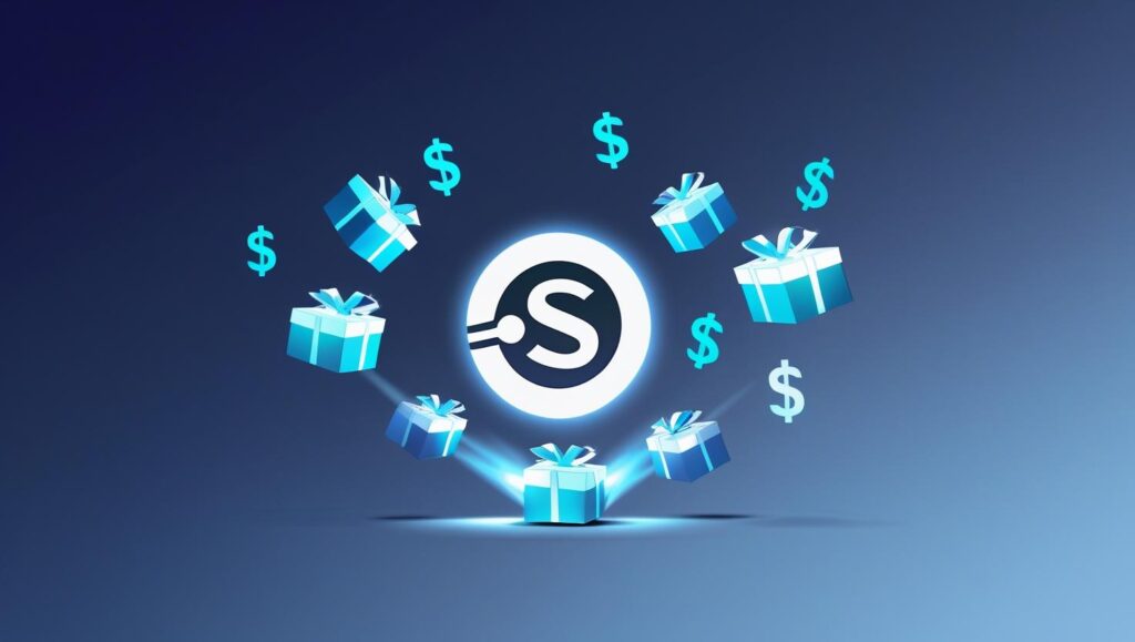 A minimalist graphic design of the Steam logo with digital gift boxes opening, and bright light with dollar signs and game controllers floating out.