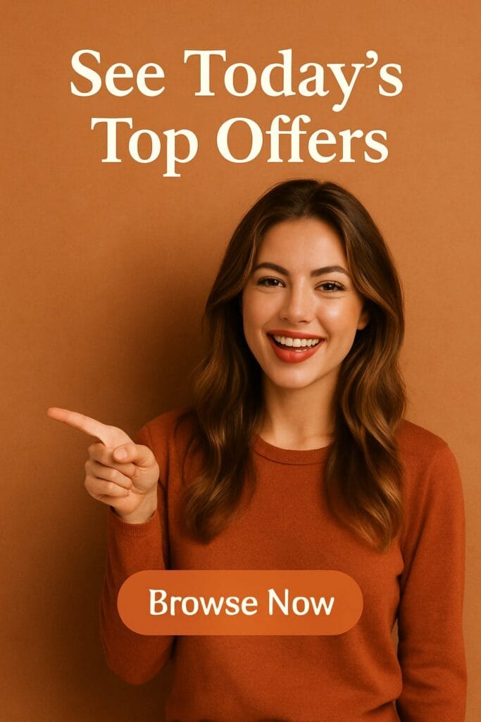 A smiling young woman with long wavy brown hair, wearing a rust-colored sweater, pointing cheerfully toward a “Browse Now” button. The background is a warm orange tone with bold white text above her that says “See Today’s Top Offers.”