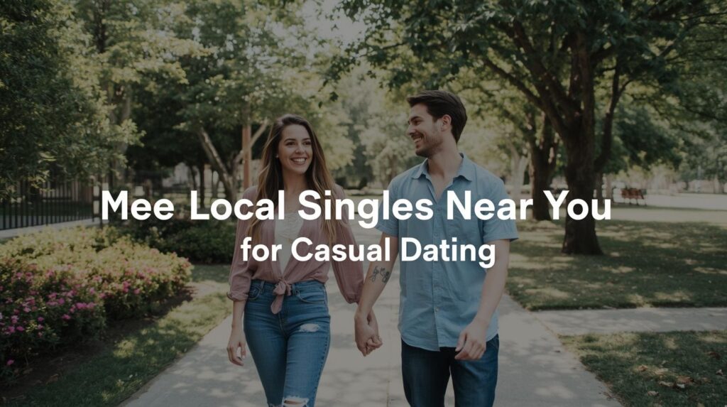 Happy couple walking outdoors, symbolizing meet local singles near you for casual dating and fun moments.